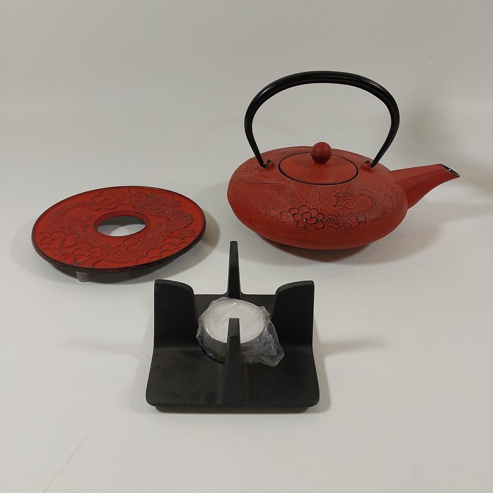Vintage‎ Japanese Teavana Cast Iron Teapot With Tray And Heating Stand Dragon
